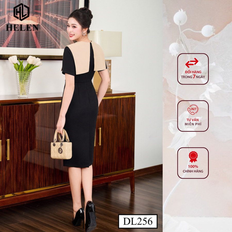Đầm công sở HELEN thiết kế dáng ôm màu đen phối tà be DL256