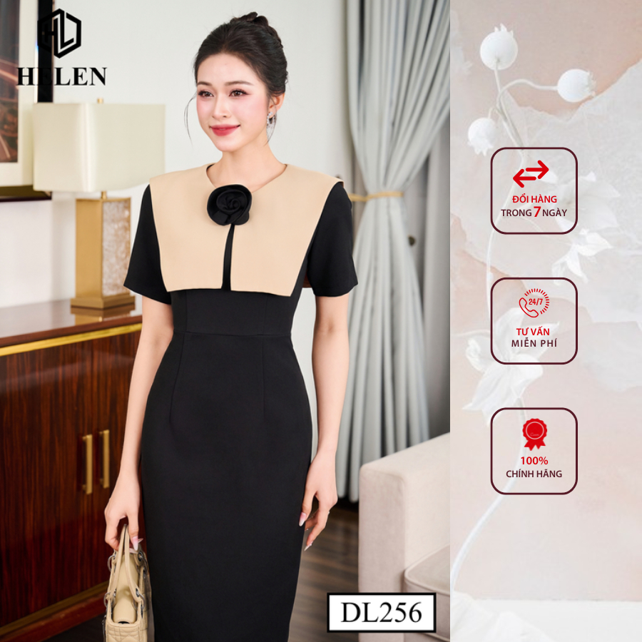 Đầm công sở HELEN thiết kế dáng ôm màu đen phối tà be DL256