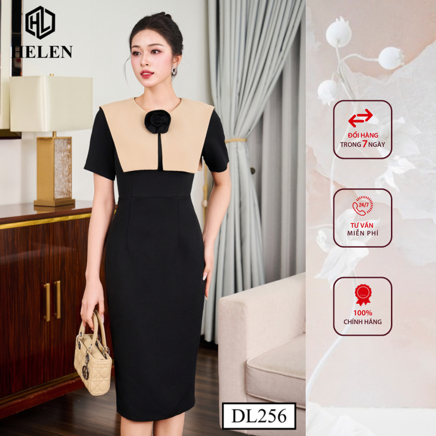 Đầm công sở HELEN thiết kế dáng ôm màu đen phối tà be DL256