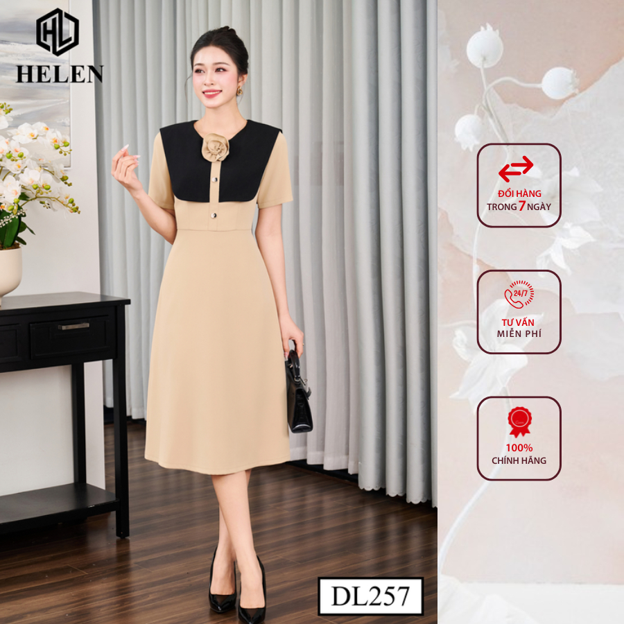 Đầm công sở HELEN thiết kế dáng xòe màu be phối tà đen DL257