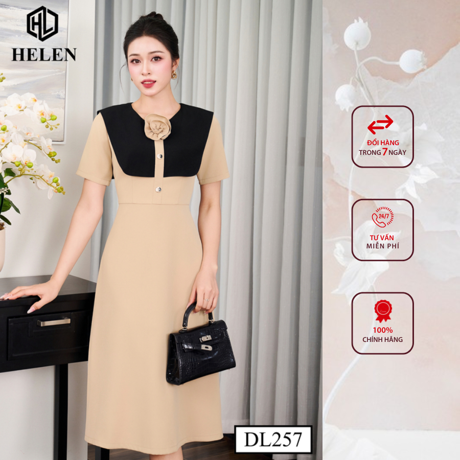 Đầm công sở HELEN thiết kế dáng xòe màu be phối tà đen DL257