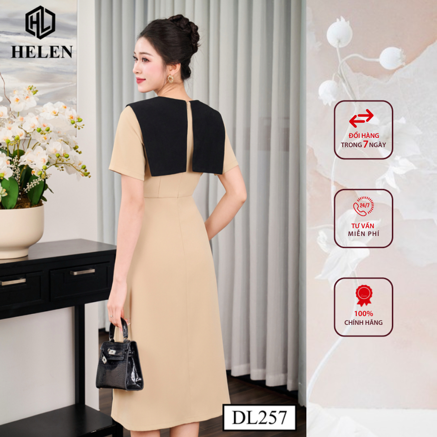 Đầm công sở HELEN thiết kế dáng xòe màu be phối tà đen DL257