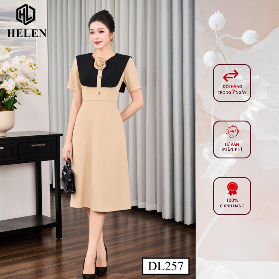 Đầm công sở HELEN thiết kế dáng xòe màu be phối tà đen DL257