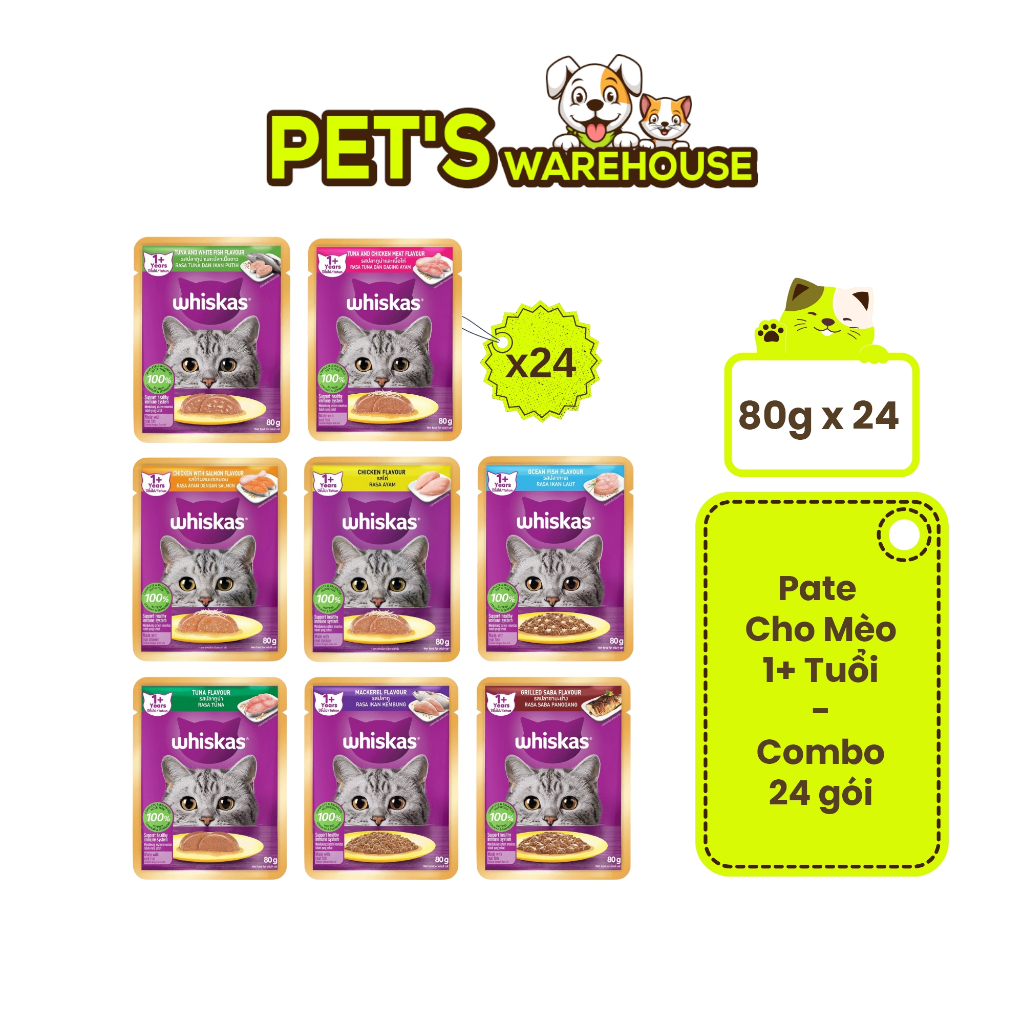 [Combo 24 Gói] Pate Whiskas Mèo Trưởng Thành Gói 80G