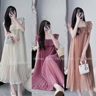 VÁY BẦU CỘC TAY CỔ VUÔNG VOAN DẬP LI TA CÁNH TIÊN - 3 Màu - 2 Lớp