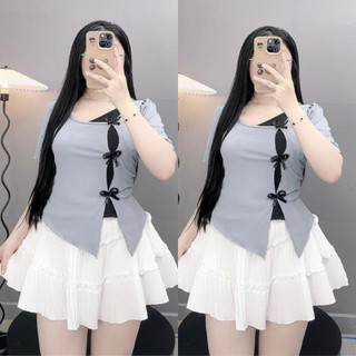 Set Bộ Bigsize Nữ Áo Kiểu Phối 2 Lớp Đính Nơ Kèm Chân Váy Xòe Dễ Thương  Cho Chubby SET978