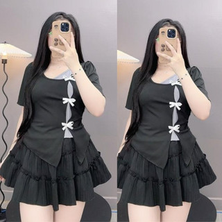 Set Bộ Bigsize Nữ Áo Kiểu Phối 2 Lớp Đính Nơ Kèm Chân Váy Xòe Dễ Thương  Cho Chubby SET978