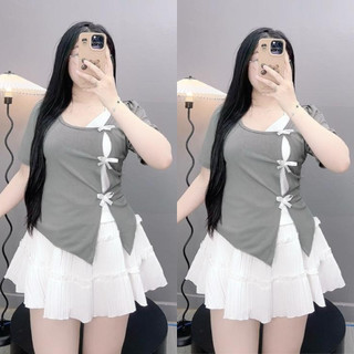 Set Bộ Bigsize Nữ Áo Kiểu Phối 2 Lớp Đính Nơ Kèm Chân Váy Xòe Dễ Thương  Cho Chubby SET978