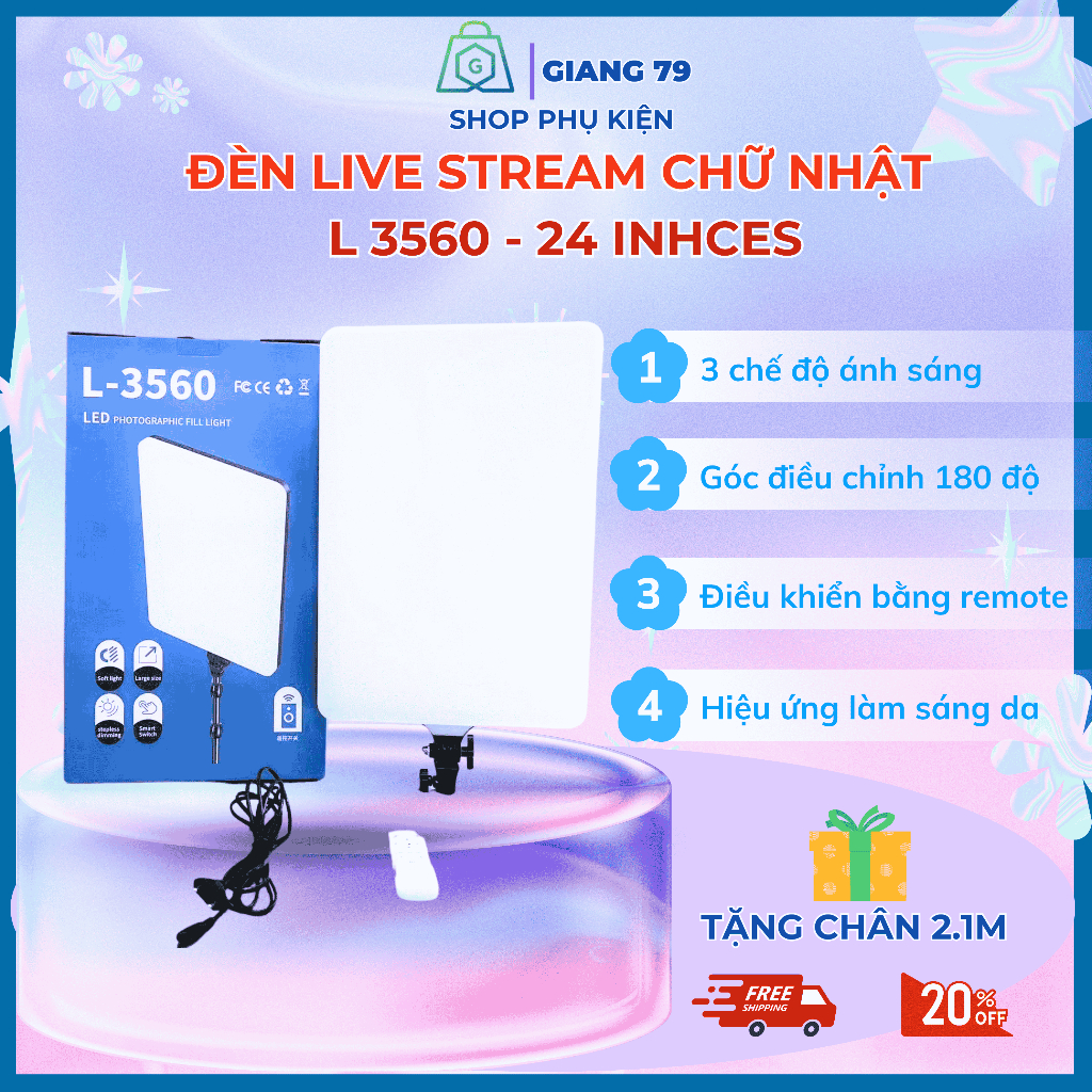 Đèn LED  Livestream Chữ Nhật L-3560 24 inch. 3 Chế Độ Sáng Chụp Ảnh Quay Video (Tặng chân 2,1M)
