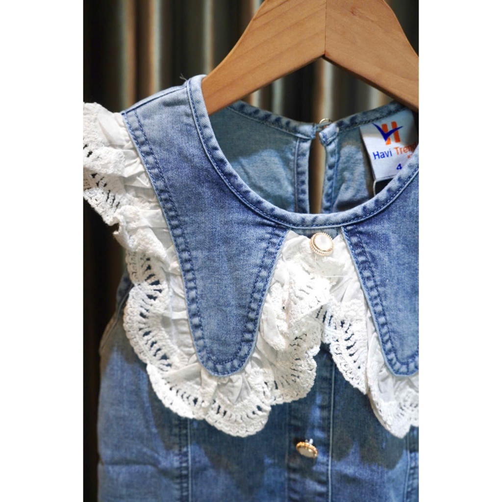 Đầm jean dáng chữ A cổ ren thanh lịch cho mẹ và bé gái 12-55kg , Đầm đi chơi , đi biển , đi du lịch