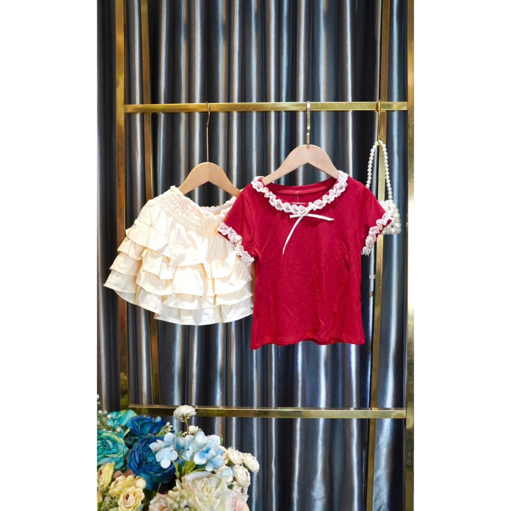 SALE LỚN Sét chân váy cotton ren và áo thun nhũ cho mẹ và bé gái dễ thương 12-55kg
