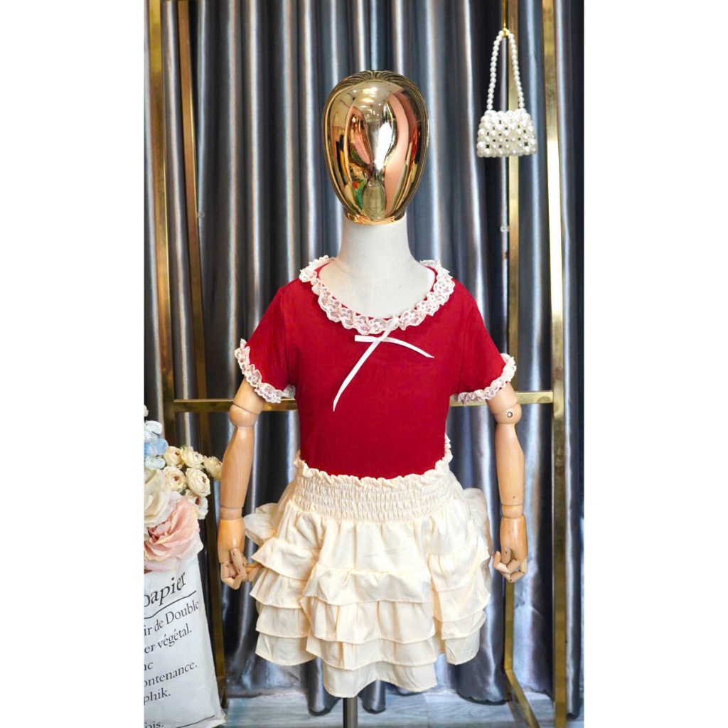 SALE LỚN Sét chân váy cotton ren và áo thun nhũ cho mẹ và bé gái dễ thương 12-55kg