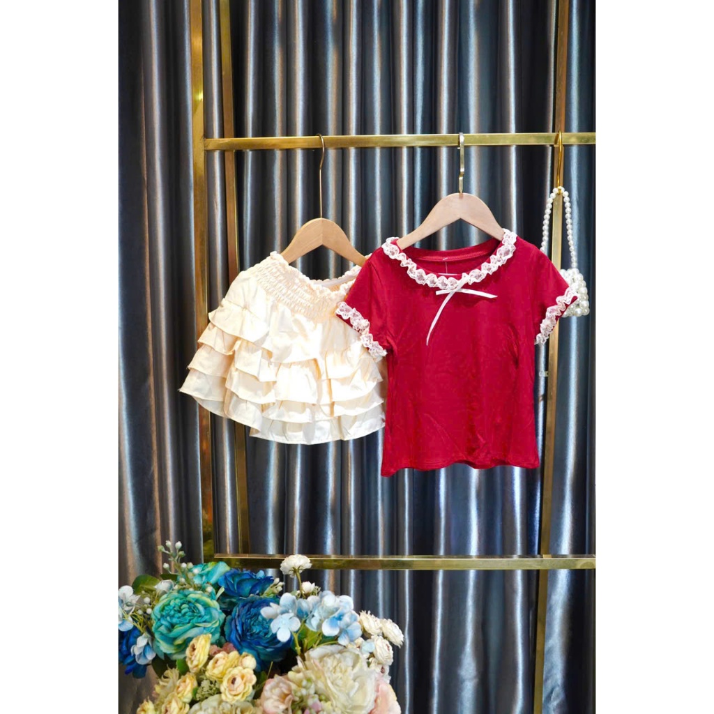 SALE LỚN Sét chân váy cotton ren và áo thun nhũ cho mẹ và bé gái dễ thương 12-55kg