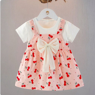 Váy bé gái giả yếm thun cotton phối nơ to họa tiết quả cherry đi học đi chơi xinh xắn D1066C