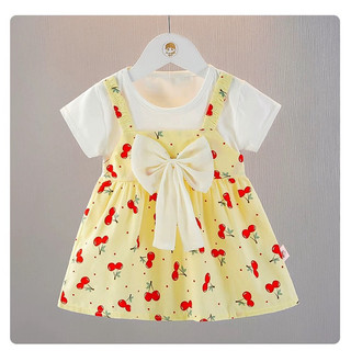 Váy bé gái giả yếm thun cotton phối nơ to họa tiết quả cherry đi học đi chơi xinh xắn D1066C
