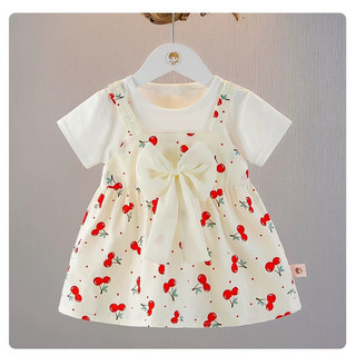 Váy bé gái giả yếm thun cotton phối nơ to họa tiết quả cherry đi học đi chơi xinh xắn D1066C