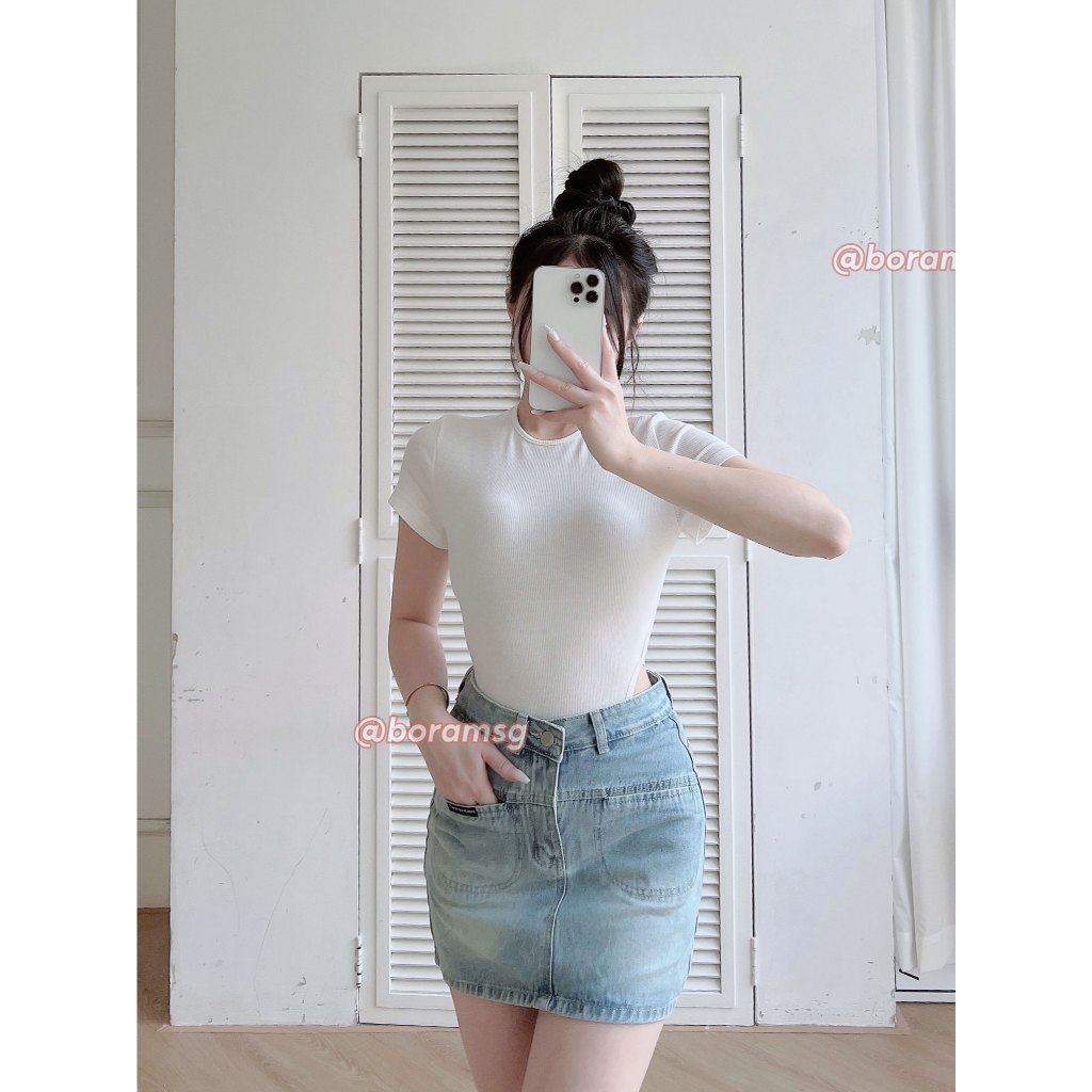 Chân váy jean nữ chữ A xanh nhạt có quần bảo hộ BORAM SG (có quần bảo hộ)