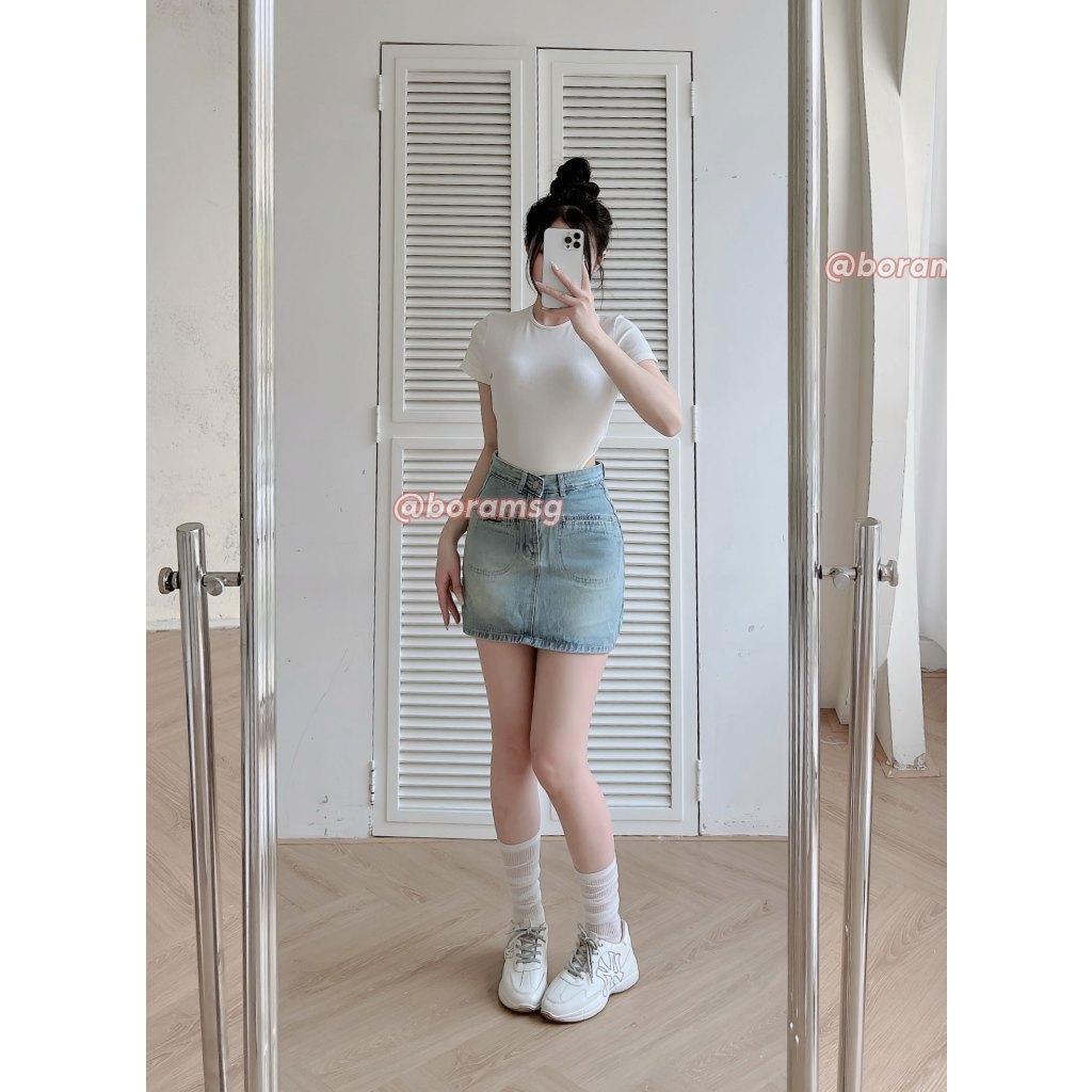 Chân váy jean nữ chữ A xanh nhạt có quần bảo hộ BORAM SG (có quần bảo hộ)