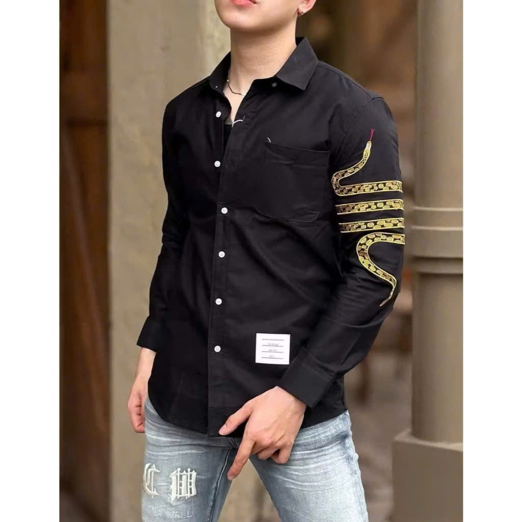 Áo sơ mi nam tay dài phối rắn quấn tay, chất vải lụa mềm mịn thoáng mát phong cách trẻ trung năng động