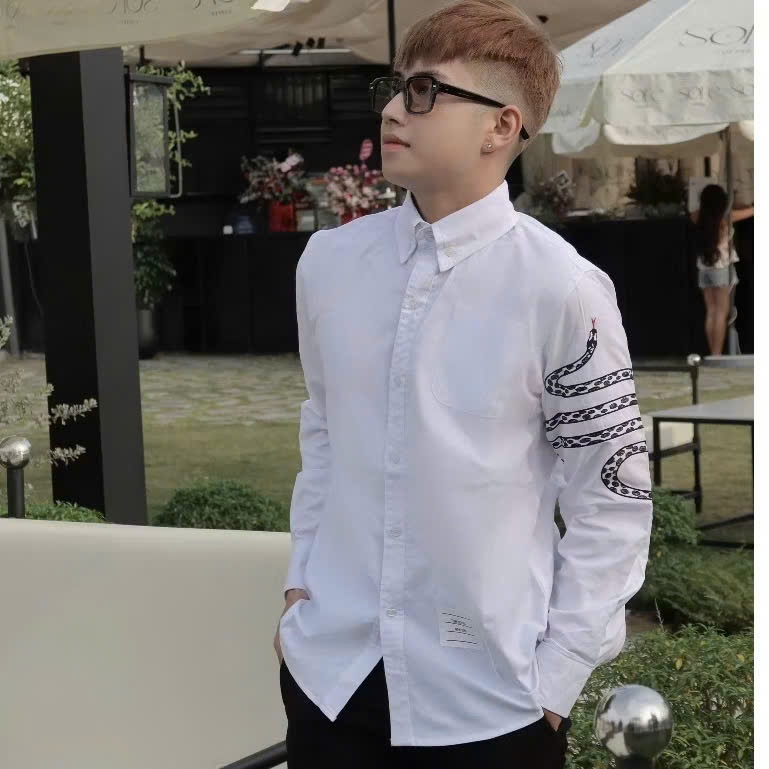 Áo sơ mi nam tay dài phối rắn quấn tay, chất vải lụa mềm mịn thoáng mát phong cách trẻ trung năng động