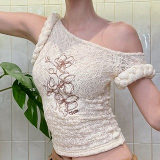TSUN - Áo Ren Nữ Lệch Vai Trễ Vai Thêu Hoạ Tiết Hoa Lan Màu Be Ôm Body Gợi Cảm Sang Chảnh