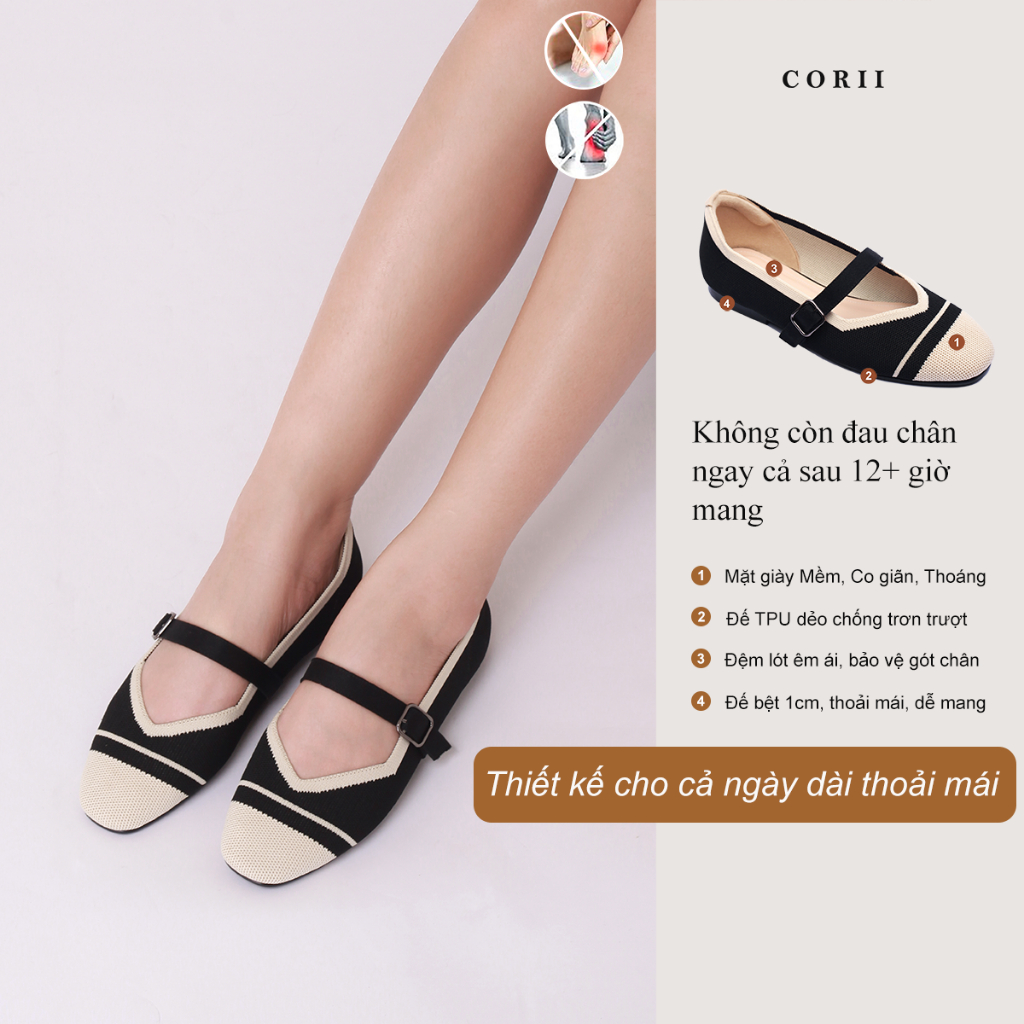 CORII - Giày Búp Bê Mũi Vuông Mary Jane Thời Trang và Thoải Mái Nhất - CR1MJS1 Đen Trắng