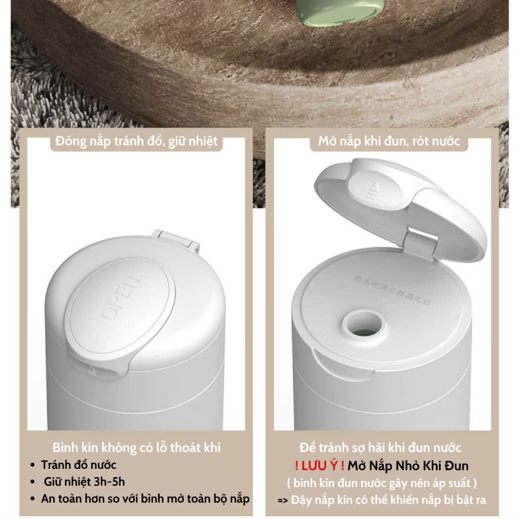 Ấm siêu tốc Mini Tự ngắt khi sôi 420ml, Bình siêu tốc kiêm giữ nhiệt 2-3h, đun sôi, giấu dây tiện lợi, pha sữa, pha trà