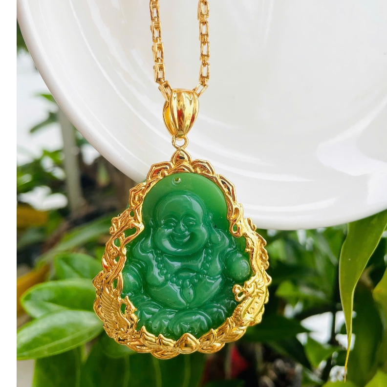 Mặt Dây Chuyền Phật Di Lạc Cười Bằng Đá Xanh Phong Thủy Họa Tiết Rồng - Trang Sức KAMY