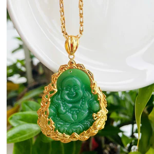 Mặt Dây Chuyền Phật Di Lạc Cười Bằng Đá Xanh Phong Thủy Họa Tiết Rồng - Trang Sức KAMY