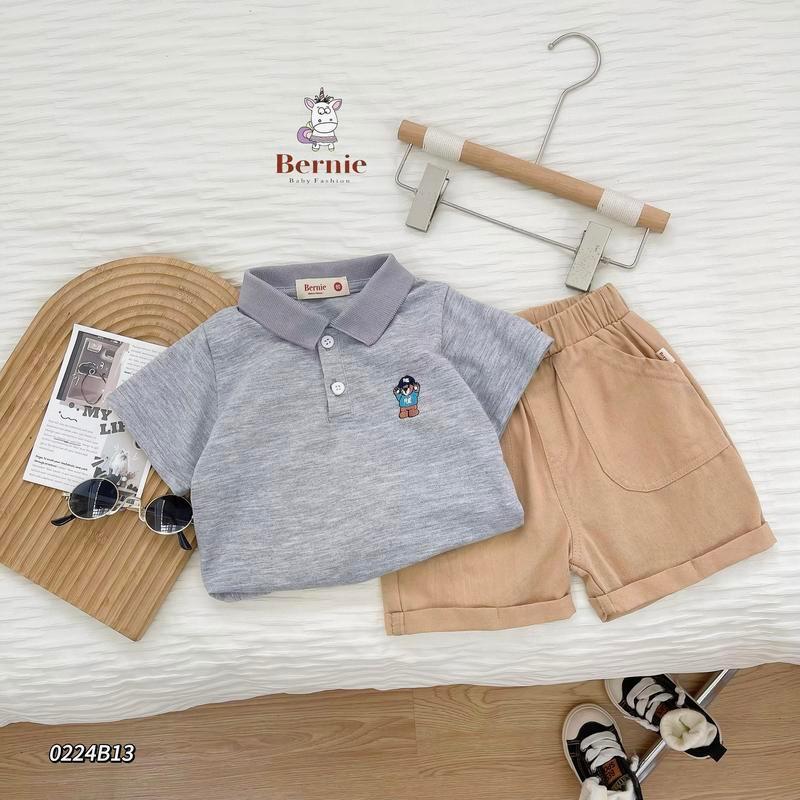 (HÃNG BERNIE) Set bộ polo tay cộc  thêu hình chó cứu hộ, chất cotton co giãn mềm mát cho bé đi chơi đi học