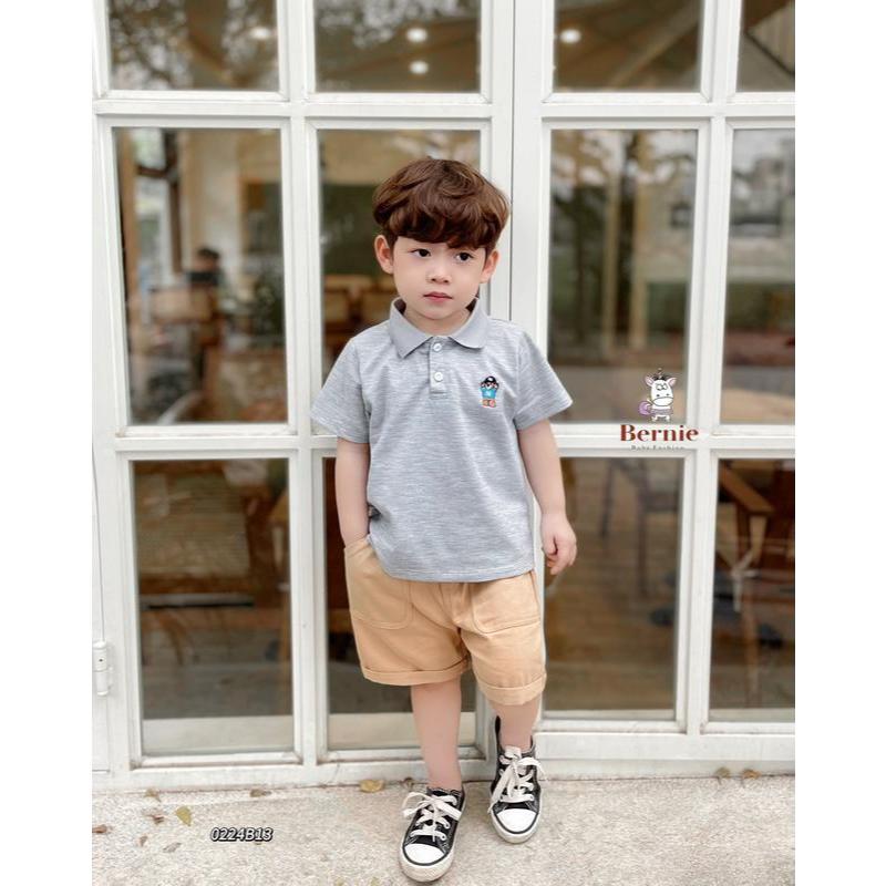(HÃNG BERNIE) Set bộ polo tay cộc  thêu hình chó cứu hộ, chất cotton co giãn mềm mát cho bé đi chơi đi học
