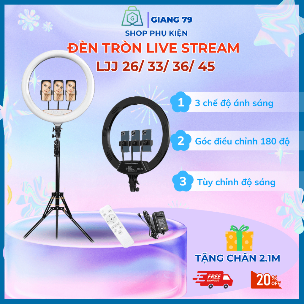 BỘ ĐÈN TRÒN LIVESTREAM LJJ 26 33 36 45cm [CAO CẤP]  KÍCH THƯỚC LỚN | 3 Kẹp, 3 Chế Độ Sáng