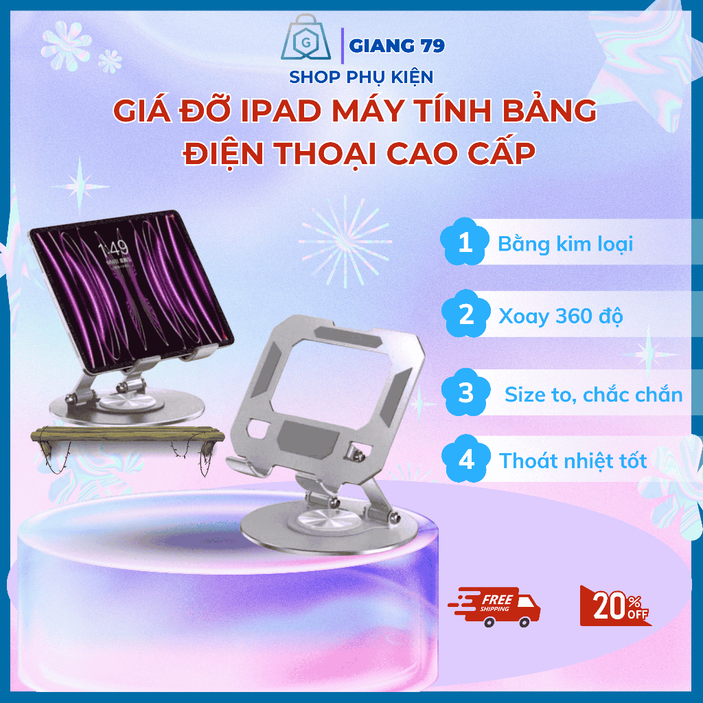 Giá đỡ ipad máy tính bảng, điện thoại Cao cấp, xoay 360 độ, cao cấp, bằng kim loại