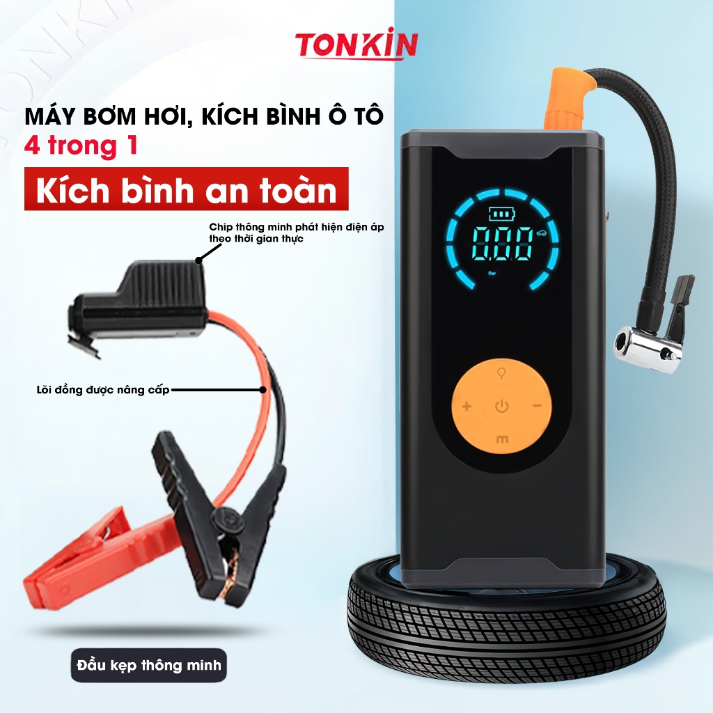 Bơm lốp kích bình ô tô 4 trong 1 Tonkin, pin 7200 Mah. tích hợp sạc dự ...