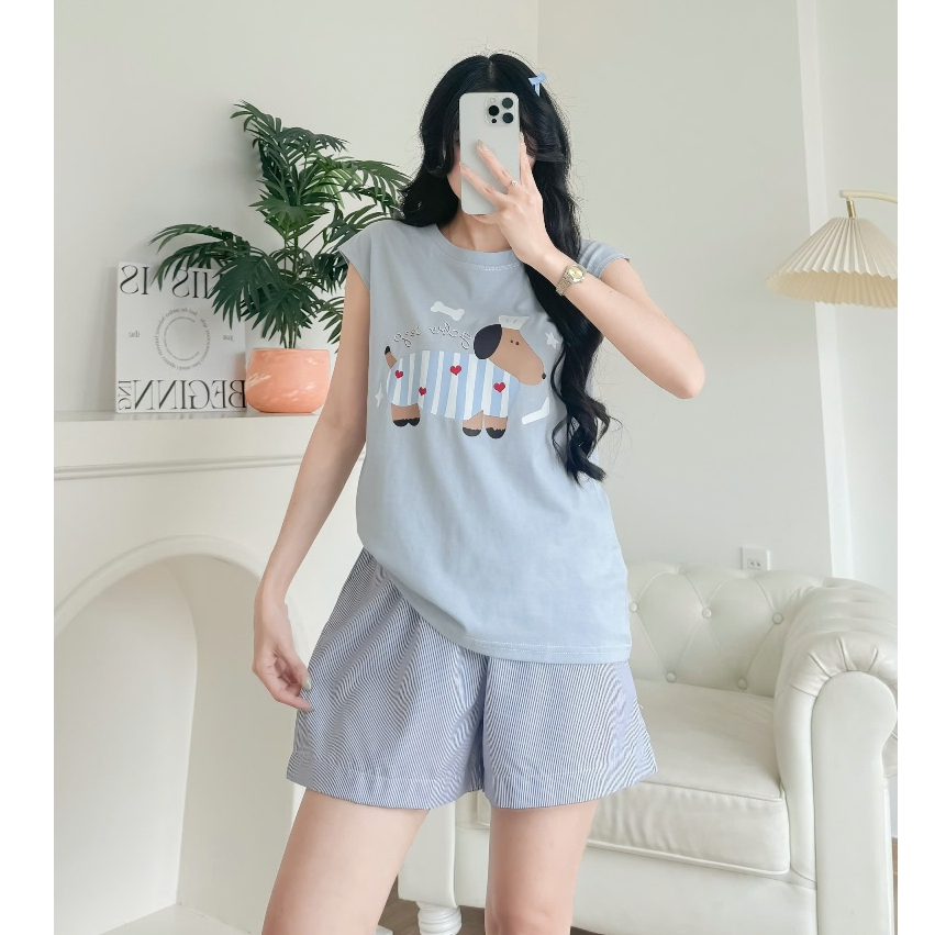Sét Bộ đùi mặc hè Áo sát nách không tay, Quần đùi kẻ Sọc in hình trẻ trung JULY FASHION, Sét đồ chất Cotton mát đẹp