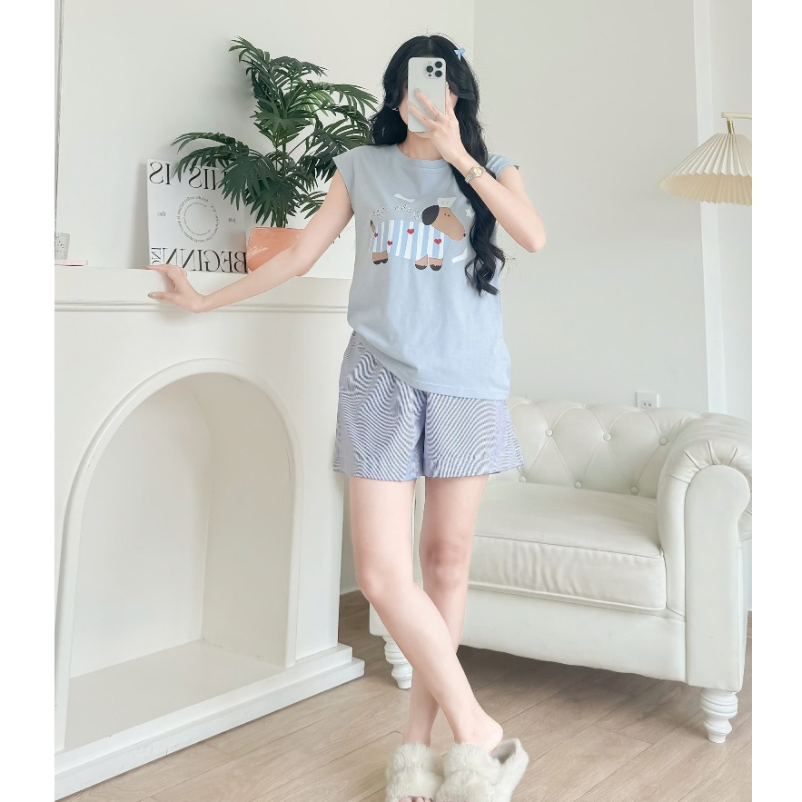 Sét Bộ đùi mặc hè Áo sát nách không tay, Quần đùi kẻ Sọc in hình trẻ trung JULY FASHION, Sét đồ chất Cotton mát đẹp
