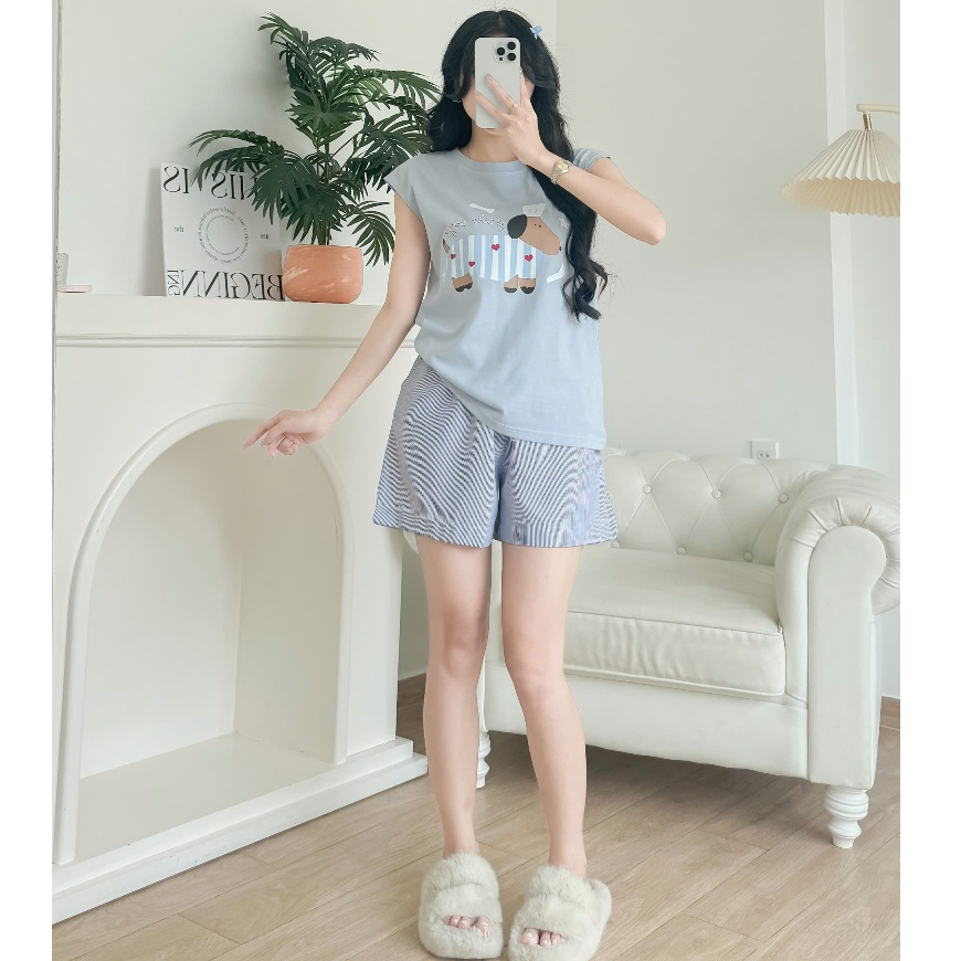 Sét Bộ đùi mặc hè Áo sát nách không tay, Quần đùi kẻ Sọc in hình trẻ trung JULY FASHION, Sét đồ chất Cotton mát đẹp