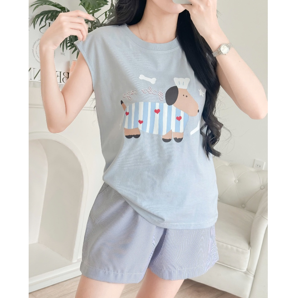 Sét Bộ đùi mặc hè Áo sát nách không tay, Quần đùi kẻ Sọc in hình trẻ trung JULY FASHION, Sét đồ chất Cotton mát đẹp