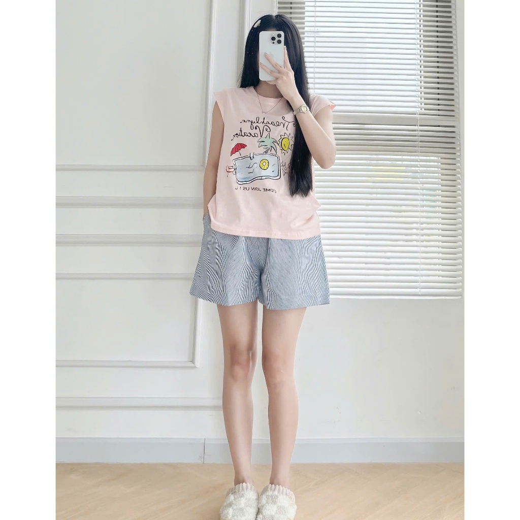 Sét Bộ đùi mặc hè Áo sát nách không tay, Quần đùi kẻ Sọc in hình trẻ trung JULY FASHION, Sét đồ chất Cotton mát đẹp