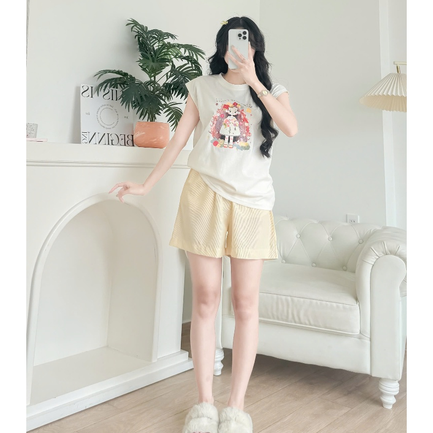 Sét Bộ đùi mặc hè Áo sát nách không tay, Quần đùi kẻ Sọc in hình trẻ trung JULY FASHION, Sét đồ chất Cotton mát đẹp