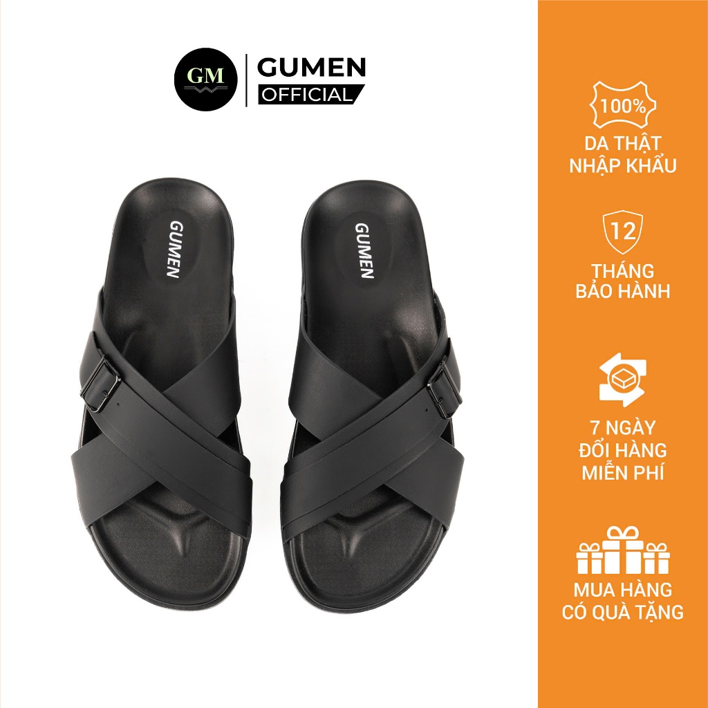Dép Da Nam D009 ĐEN SANDAL GUMEN Ngang Cao Cấp Đế Cao Su Đúc Nguyên ...