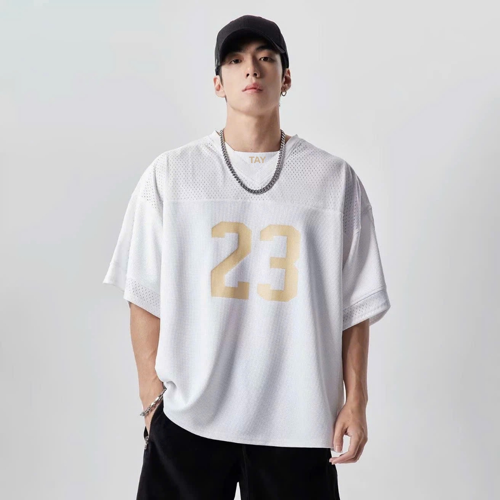 Áo thun Stee Cổ tim 23 TAY Thêu Cotton ICVCVNI Unisex Menwear