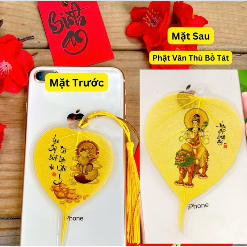 {Tặng Mèo Thần Tài} Lá Bồ Đề 2 mặt 12 con giáp và phật bản mệnh để ốp lưng điện thoại, treo xe ô tô, để vào ví