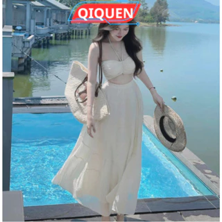 Sét bộ đi biển áo đũi cúp ngực kèm với chân váy dài xòe tầng