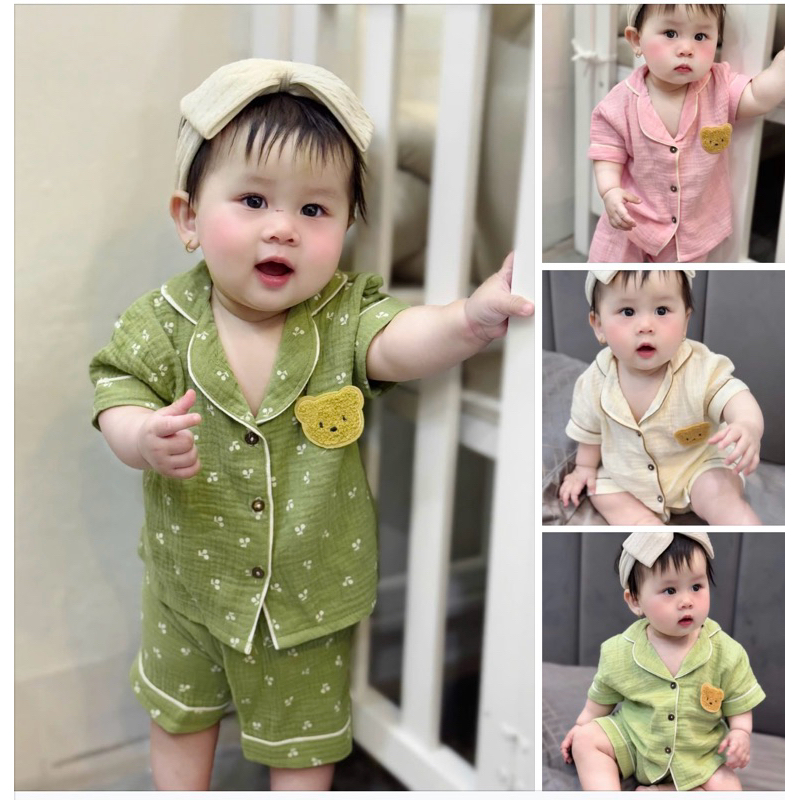 Bộ Pijama cộc tay bé trai bé gái đính gấu, đồ ngủ sơ sinh vải xô Muslin thoáng mát Tiệm Nhà Bơ size 5-15kg