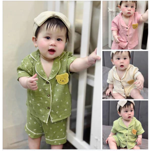 Bộ Pijama cộc tay bé trai bé gái đính gấu, đồ ngủ sơ sinh vải xô Muslin thoáng mát Tiệm Nhà Bơ size 5-15kg