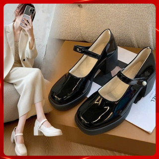 Giày búp bê nữ đế cao gót vuông đế 5 phân da bóng phối ngọc trai thanh lịch Linhl Shop mã 50