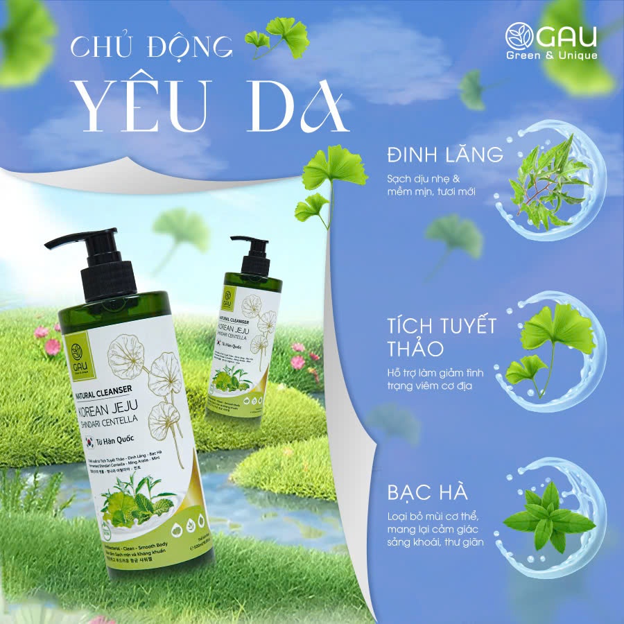 Sữa tắm Tự nhiên GAU JEJU HÀN QUỐC Cho Da Nhạy Cảm Mềm mịn Dịu mát Kháng Viêm Tích Tuyết Thảo 1L