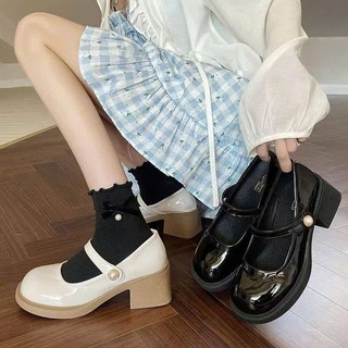 Giày búp bê nữ đế cao gót vuông đế 5 phân da bóng phối ngọc trai thanh lịch Linhl Shop mã 50