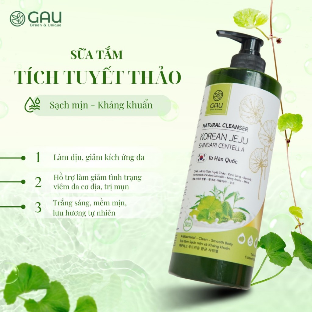 Sữa tắm Tự nhiên GAU JEJU HÀN QUỐC Cho Da Nhạy Cảm Mềm mịn Dịu mát Kháng Viêm Tích Tuyết Thảo 1L